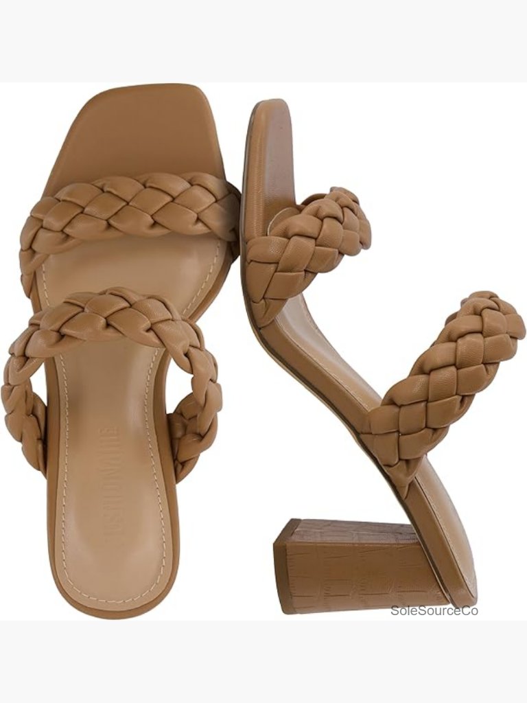 Chunky Block Heel Sandals, Square Toe Braided Straps, Memory Foam Comfort